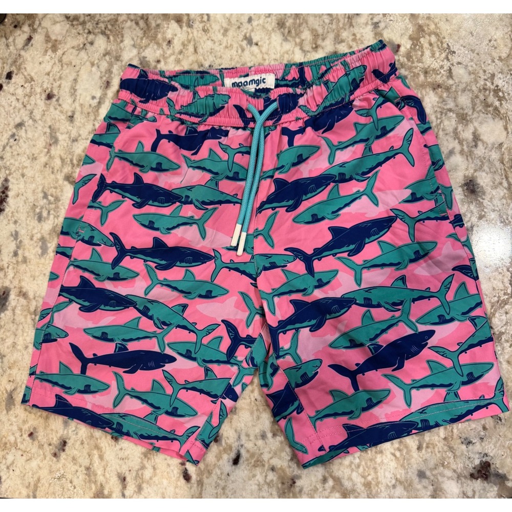 Maamgic Boys Pink Shark Camo Swim Trunks Compression Liner Size 8 Board Shorts